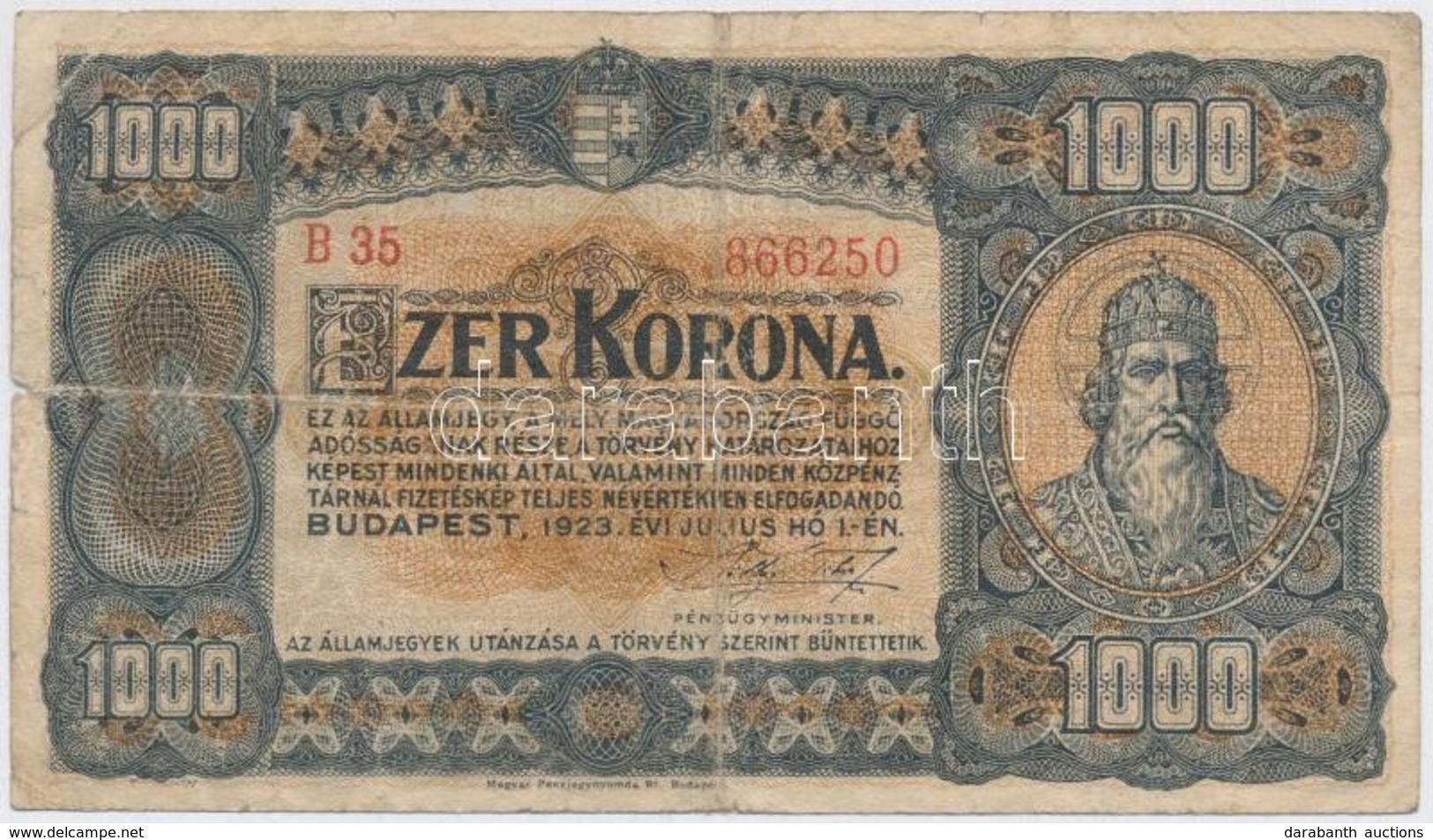 1923. 1000K 'Magyar Pénzjegynyomda R.t. Budapest' Nyomdahely Jelöléssel T:III,III- - Ohne Zuordnung