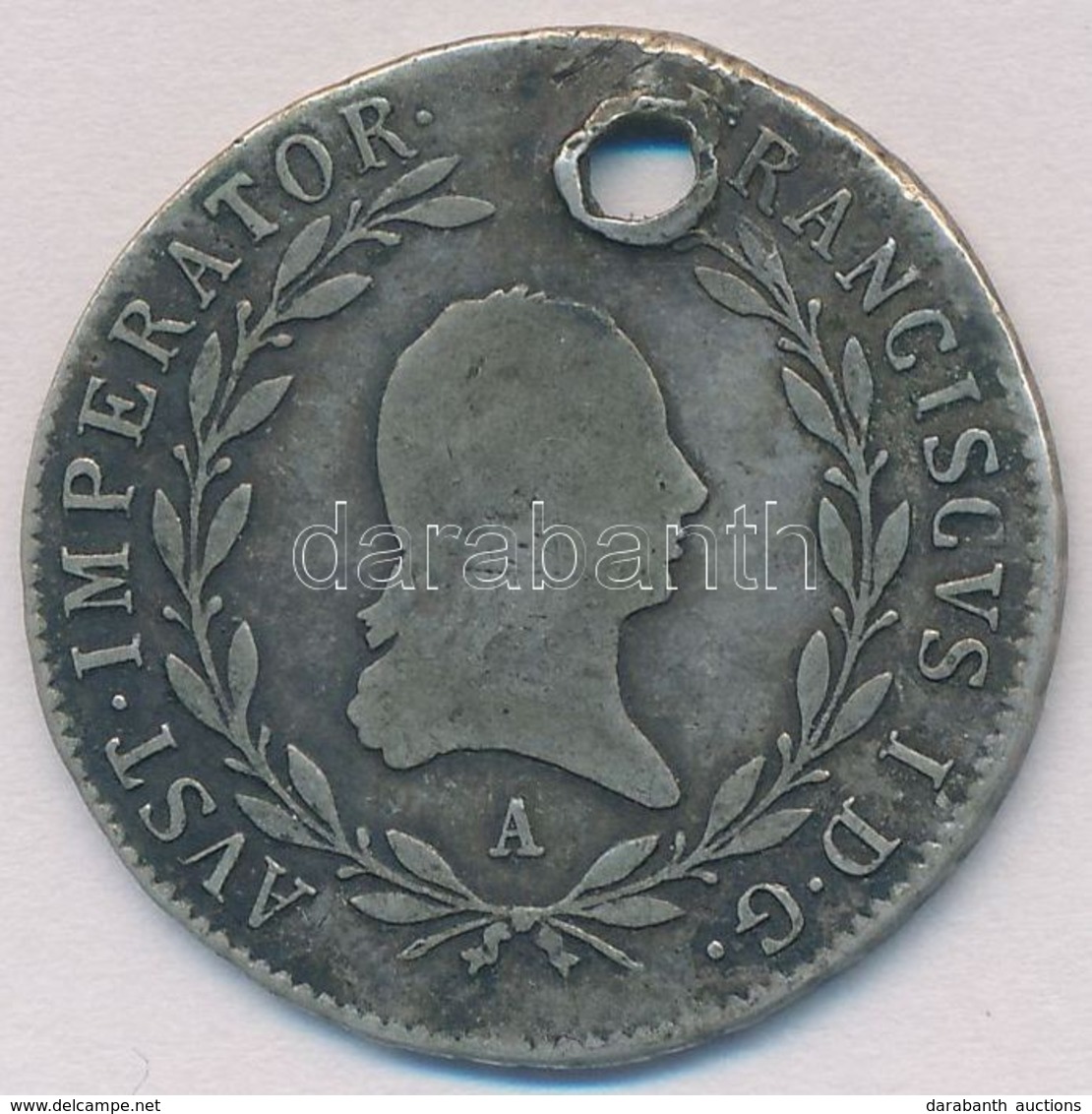 Ausztria 1823A 20kr Ag 'I. Ferenc' T:3,3- Ly., Patina 
Austria 1823A 20 Kreuzer Ag 'Franz I' C:F,VG Hole, Patina - Unclassified