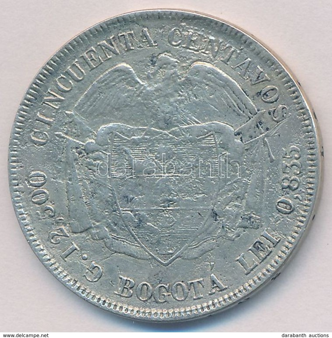 Kolumbia 1879. 50c Ag (11,37g) T:3
Columbia 1879. 50 Centavos Ag (11,37g) C:F
Krause KM#177.1 - Ohne Zuordnung