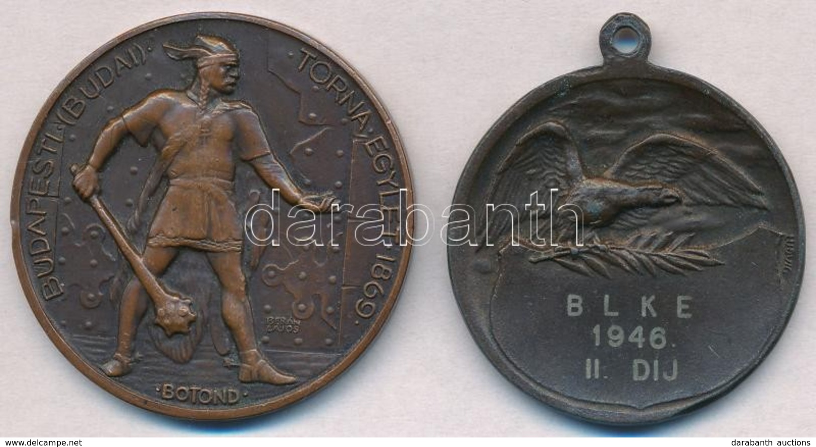Berán Lajos (1882-1943) ~1930. 'Budapesti (Budai) Torna Egylet 1869 - Botond' Br Emlékérem (40,5mm) + 1946. 'BLKE 1946 I - Ohne Zuordnung