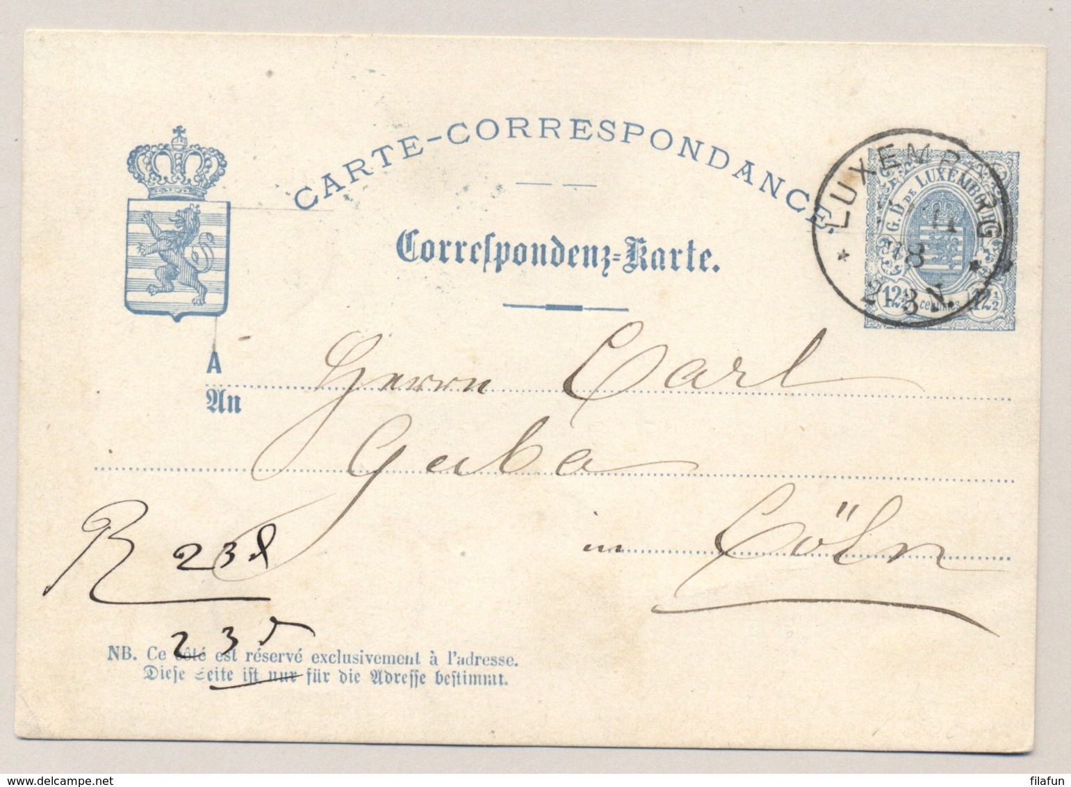 Luxembourg - 1878 - 12,5c Wappen, Postkarte From Luxembourg To Cöln - Postwaardestukken