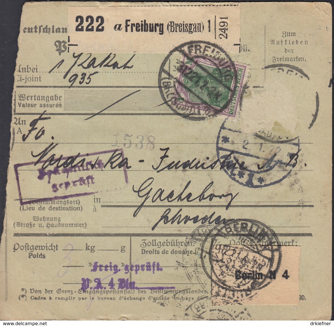 INFLA  DR 150, 5x 176 A (weitere Marken Abgelöst) MiF, Auf Paketkartenabschnitt, Mit Stempel: Freiburg 3.12.1921 - Sonstige & Ohne Zuordnung