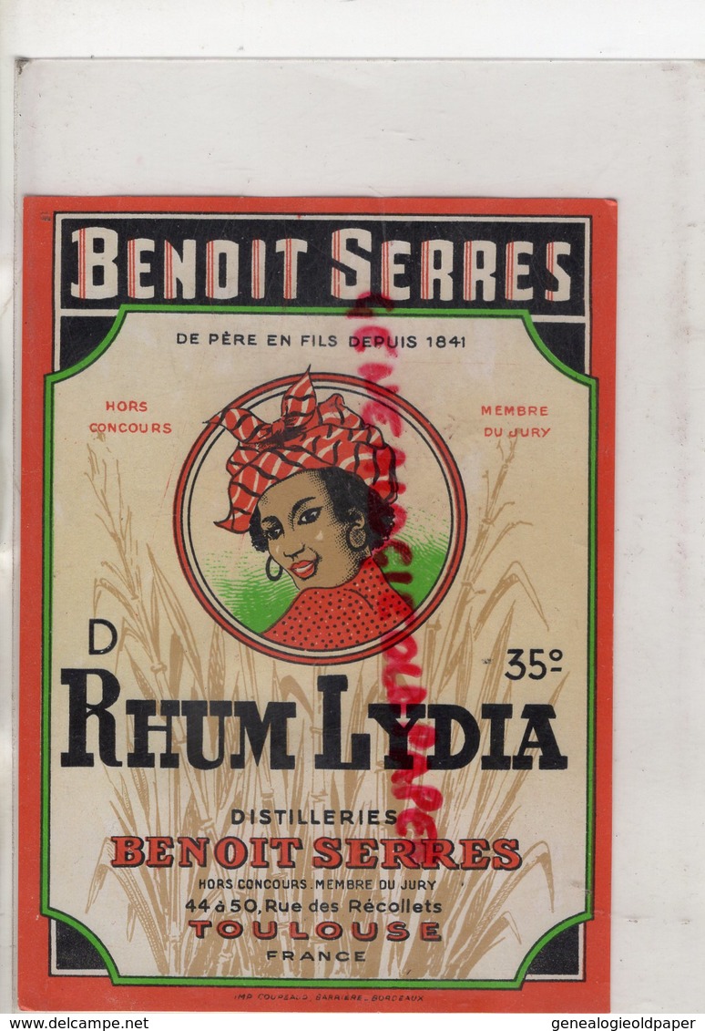 31- TOULOUSE - ETIQUETTE RHUM LYDIA- BENOIT SERRES-DISTILLERIE-44- 50 RUE DES RECOLLETS -IMPRIMERIE COUPEAUD BARRIERE - Rhum