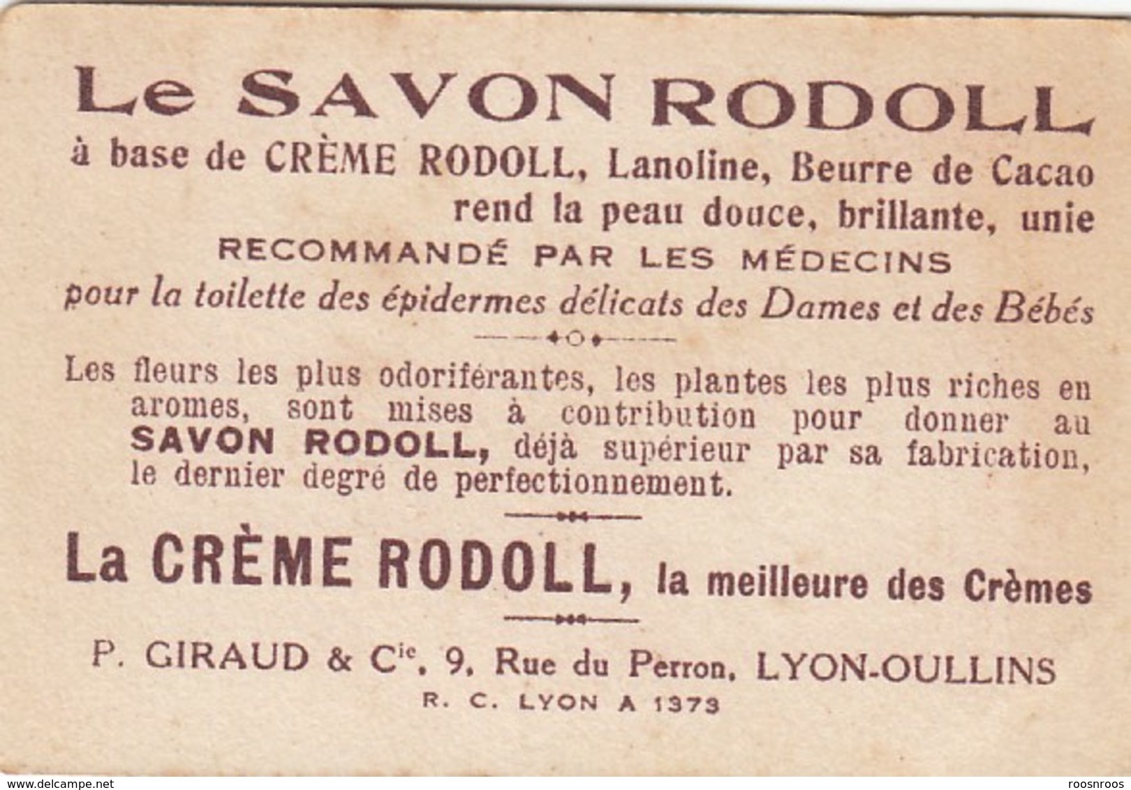 PETITE CARTE PUBLICITAIRE - SAVON CREME RODOLL - P GIRAUD - LYON OULLINS - Droguerie & Parfumerie