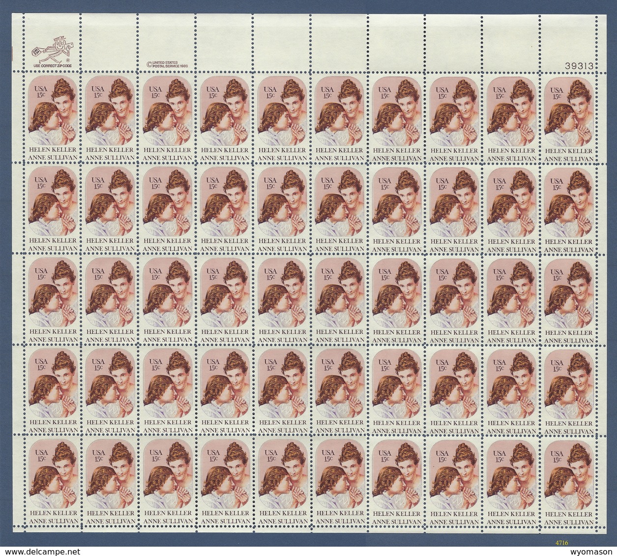15 Cent Helen Keller / Anne Sullivan - Full Sheet - Scott #1824 - MNH [#4716] - Sheets