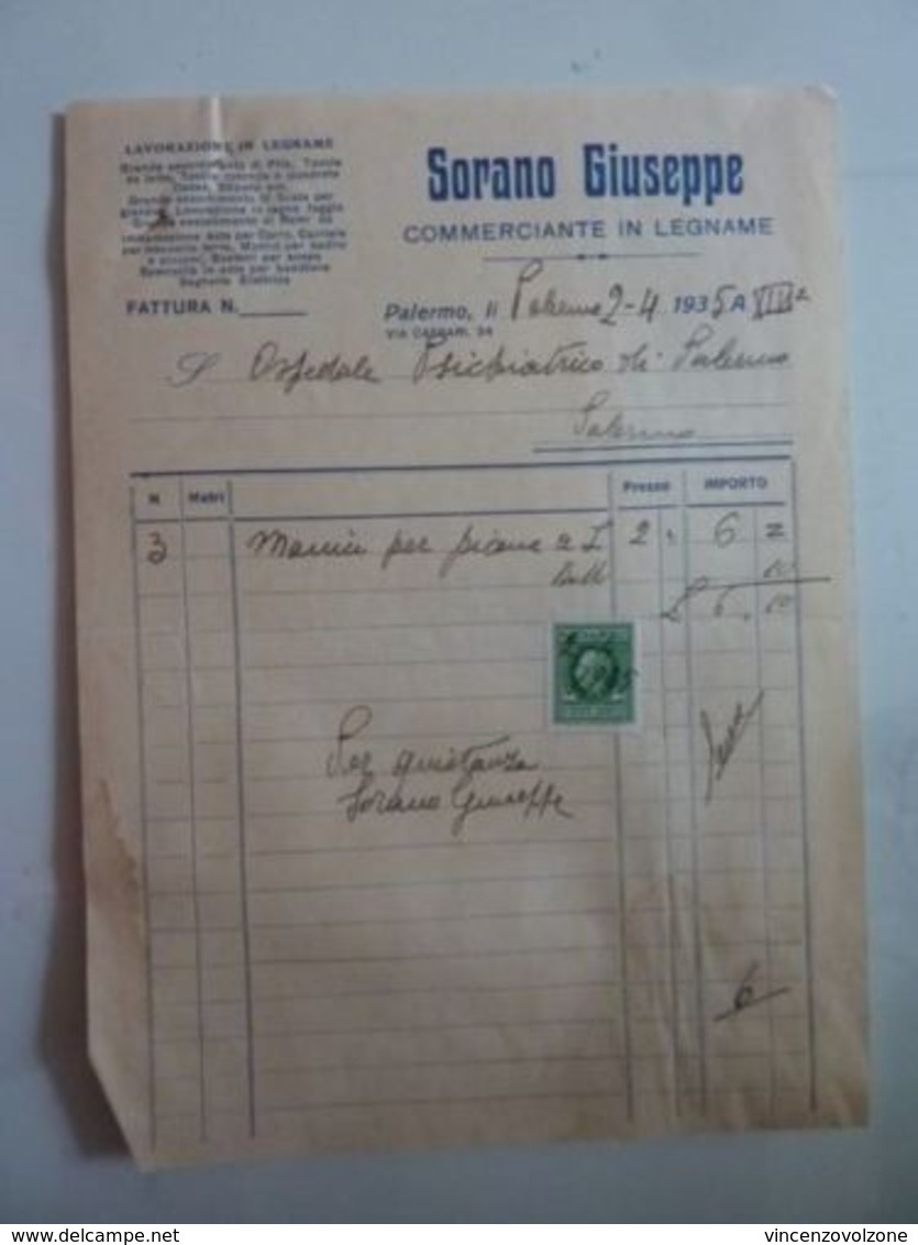 Fattura Pubblicitaria "SORANO GIUSEPPE COMMERCIANTE IN LEGNAME" Palermo 1935 - Italia