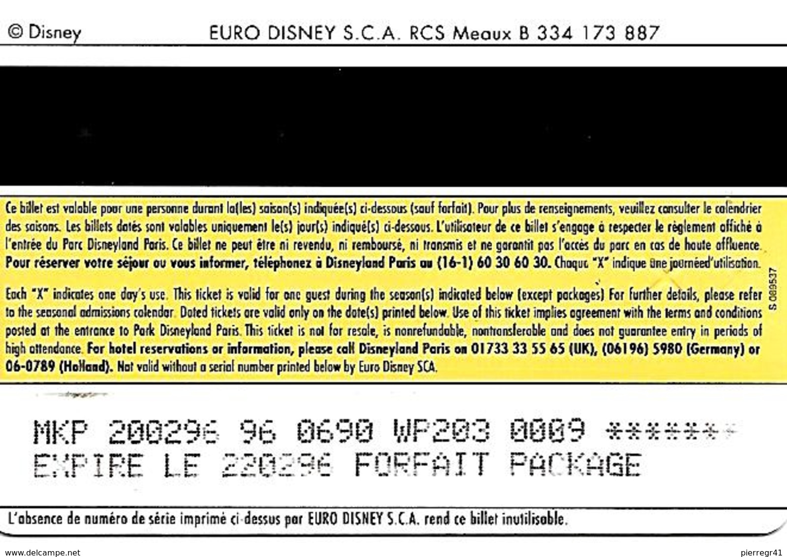 PASS-n-DISNEY-DISNEYLAND PARIS-1996-ROI LION ADULTE-Non Souligné-V° S 089537-Vertical A Droite-TBE-RARE - Passeports Disney