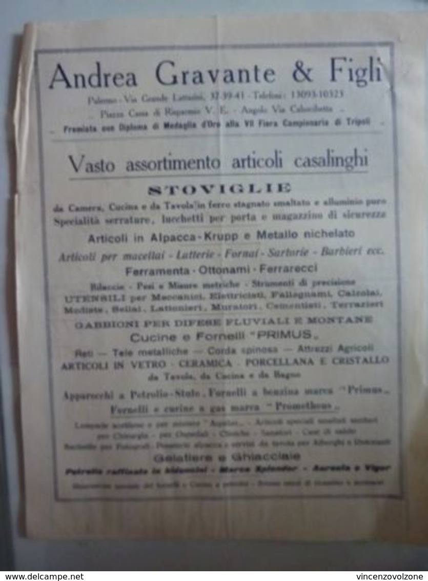 Fattura Pubblicitaria "Fattura Pubblicitaria "ANDREA GRAVANTE & FIGLI Palermo" 1935 - Italia