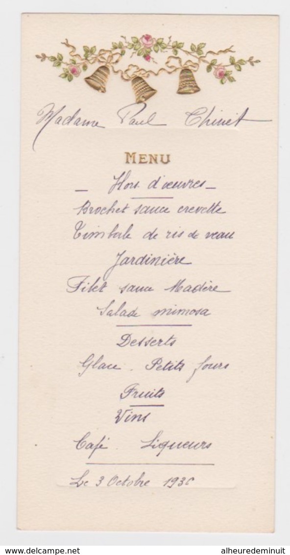 MENU ANCIEN"1936"relief"cloches Dorées Et Branche De Roses - Menus