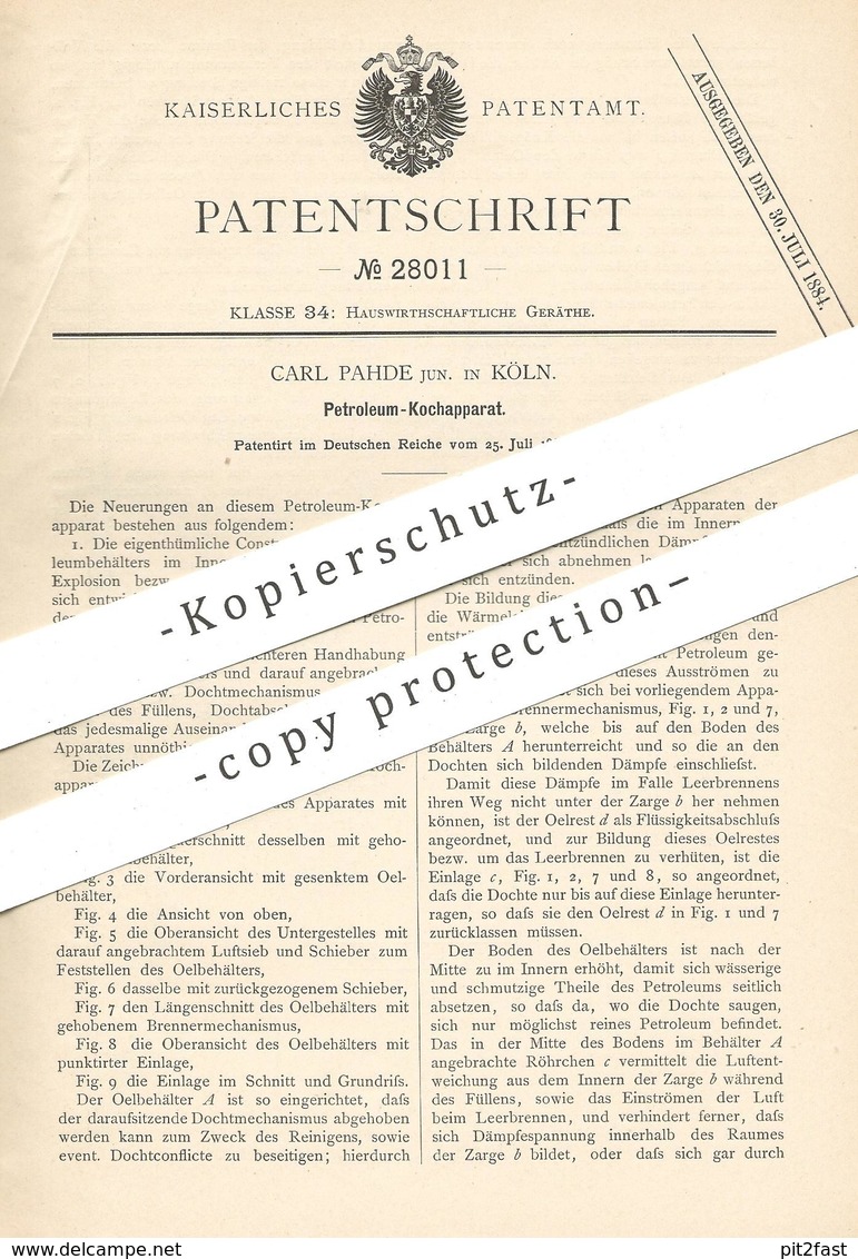 Original Patent - Carl Pahde , Köln / Rhein , Petroleum Kochapparat | Kocher , Kochherd , Herd , Ofen , Öl , Brenner ! - Historische Dokumente