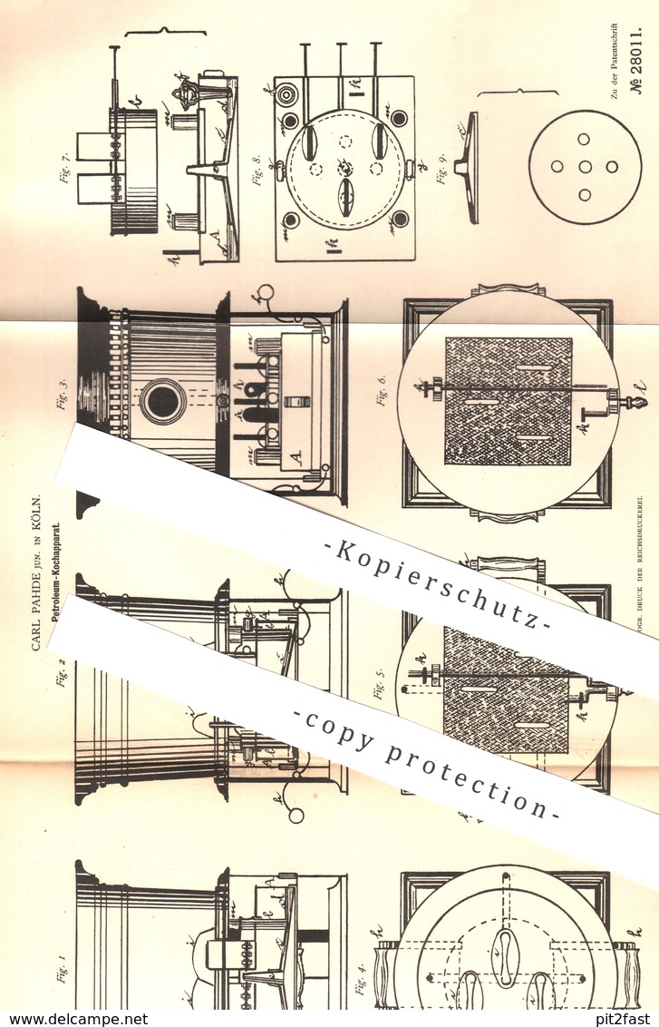 Original Patent - Carl Pahde , Köln / Rhein , Petroleum Kochapparat | Kocher , Kochherd , Herd , Ofen , Öl , Brenner ! - Historische Dokumente