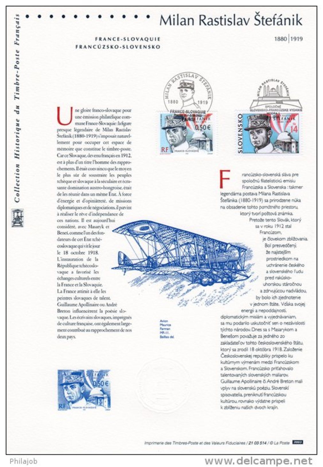 " FRANCE - SLOVAQUIE : MILAN RASTISLAV STEFANIK "  Sur Document Officiel De 2003 N° YT 3554 + Timb. Slovaque. DPO - Emissions Communes