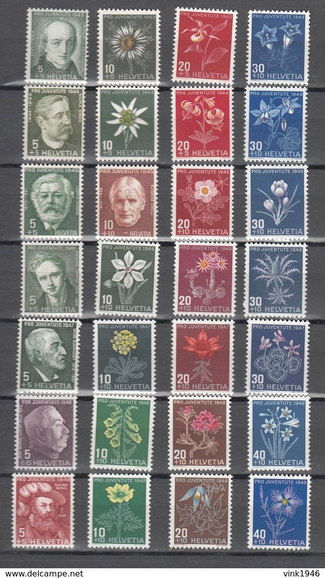 Switzerland Schweiz 1943 Bis 1949,28V In 7 Sets,flowers,bloemen,blumen,fleurs,flores,fiori,MNH/Postfris(A3619) - Andere & Zonder Classificatie