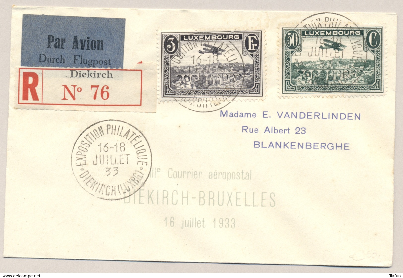 Luxembourg - 1933 - 3F & 50c Flugpost On R-cover Par Avion From Diekirch To Bruxelles / België - Brieven En Documenten