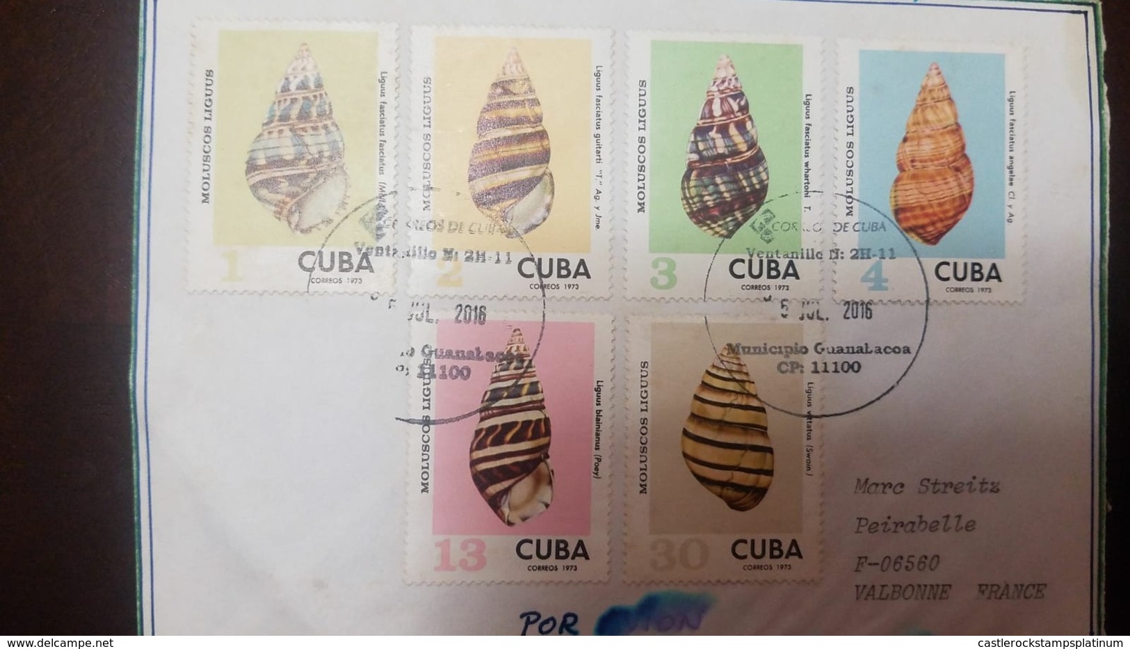 L) 2016 CUBA, MOLLUSCOS LIGUUS,  MULTIPLE STAMPS, VARIETY COLORS, CIRCULATED COVER FROM CUBA TO FRANCE, AIRMAIL - Airmail