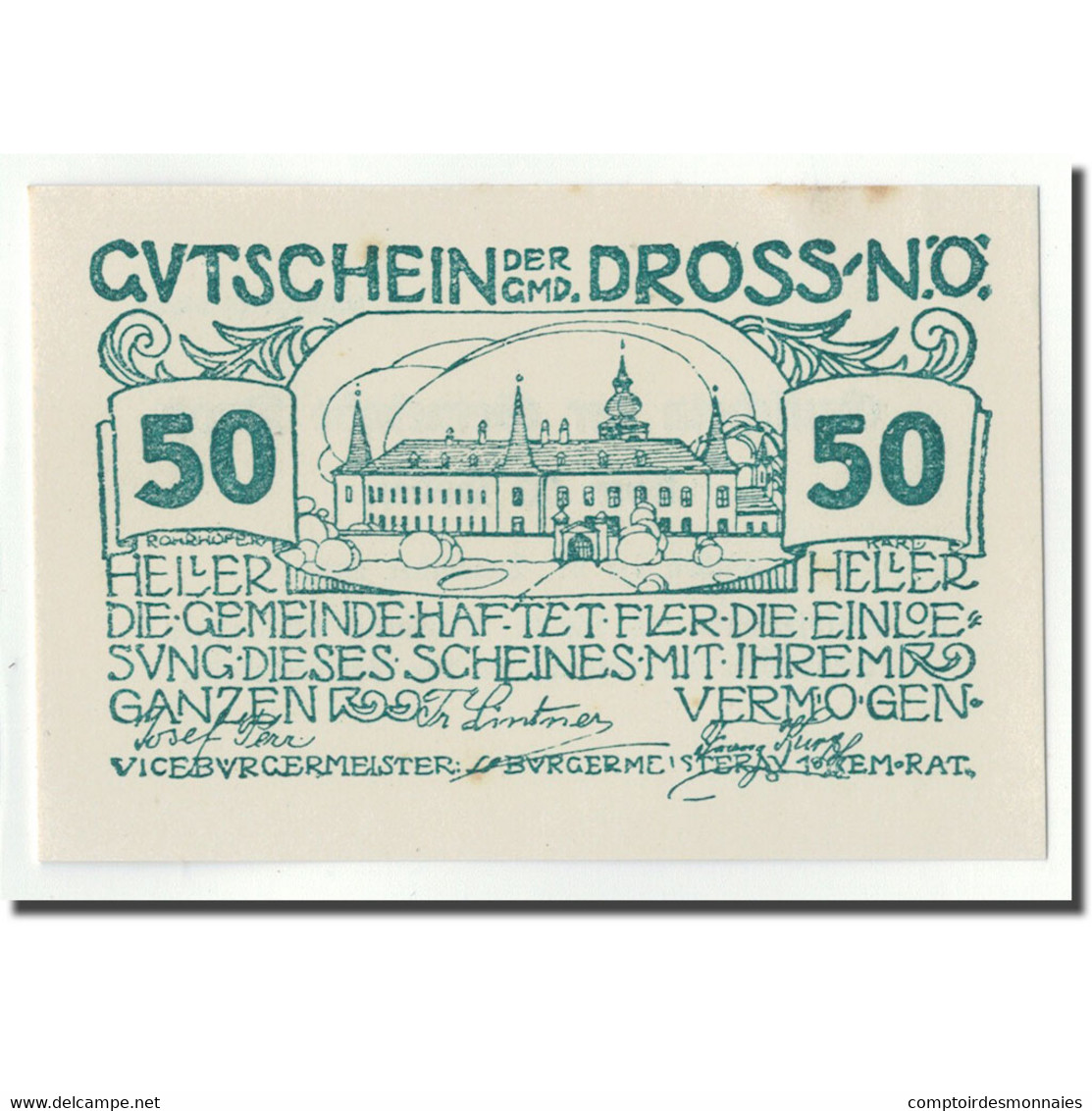 Billet, Autriche, Dross, 50 Heller, Château, 1920, 1920-12-31, SPL, Mehl:FS - Austria
