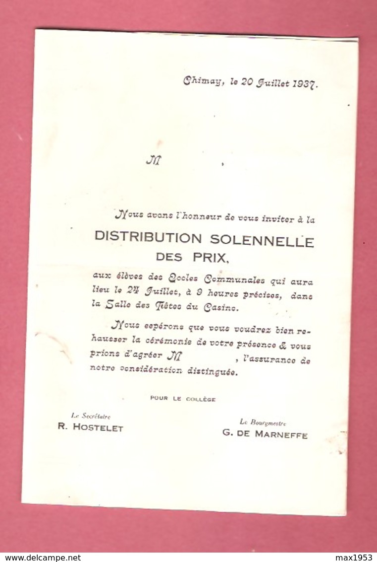 Ecoles Communales De CHIMAY - Distribution Solennelle Des Prix Du 24 JUILLET 1937 - Invitation Programme - - Programmi