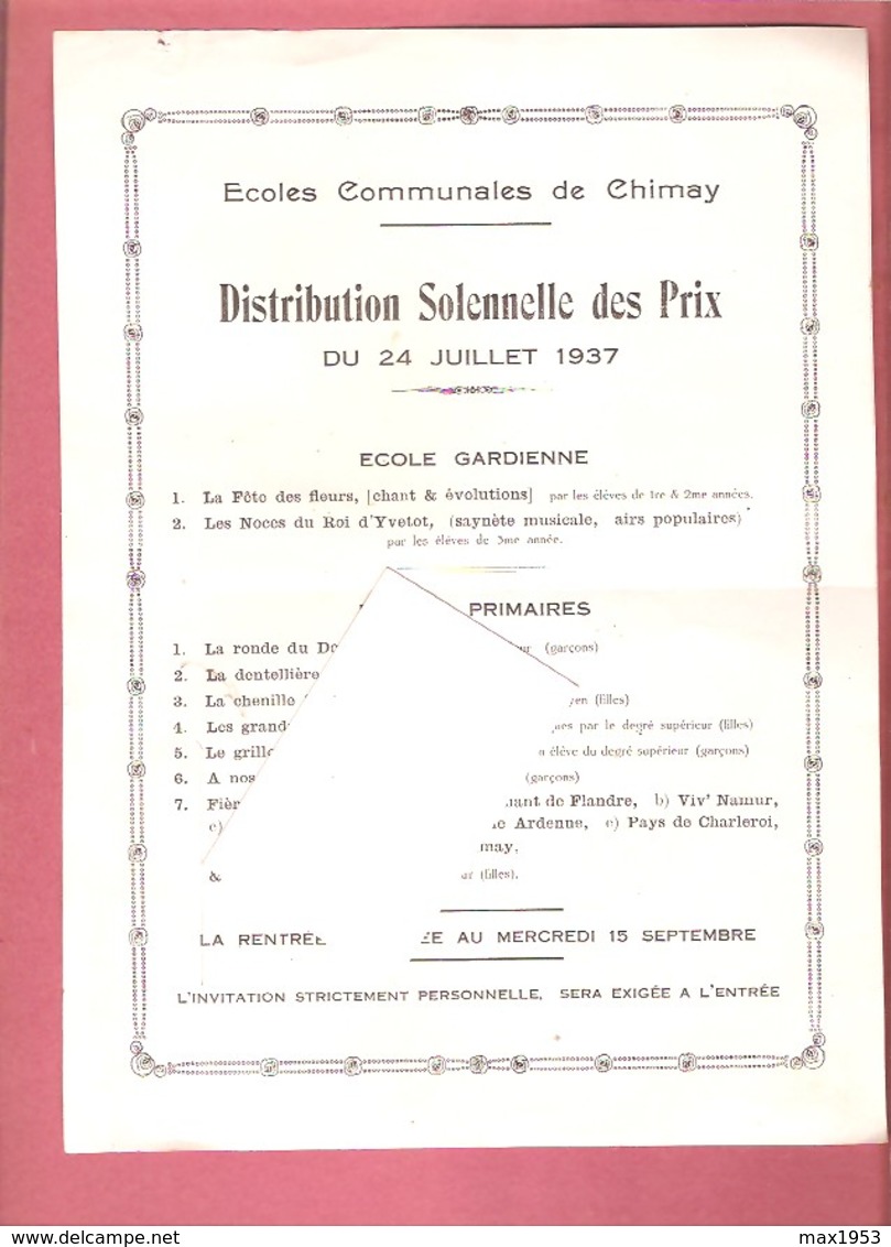 Ecoles Communales De CHIMAY - Distribution Solennelle Des Prix Du 24 JUILLET 1937 - Invitation Programme - - Programme