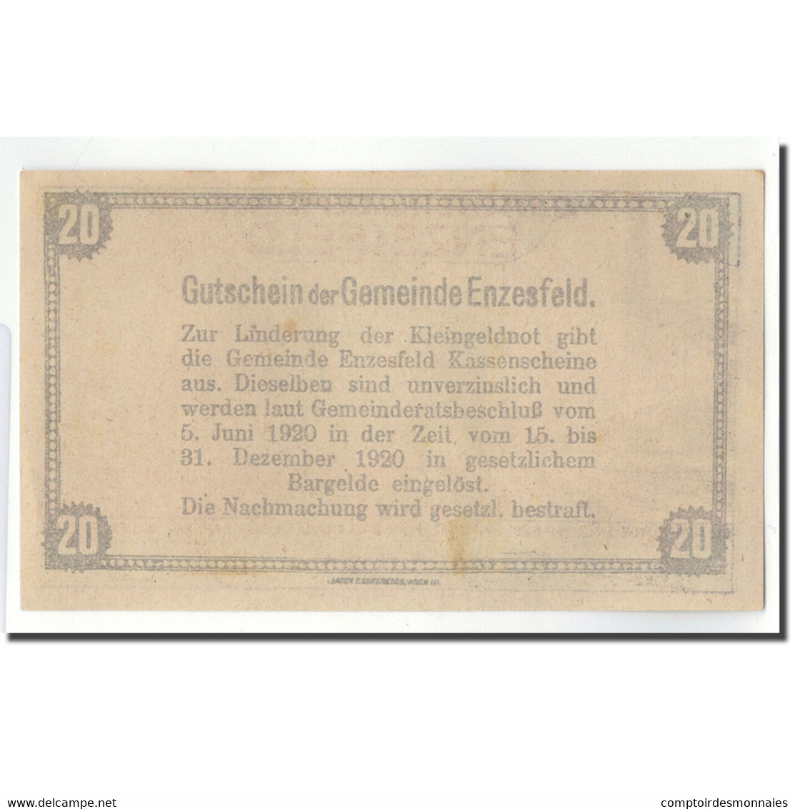 Billet, Autriche, Enzesfeld, 20 Heller, Paysage, 1920, 1920-06-05, SPL, Mehl:FS - Autriche