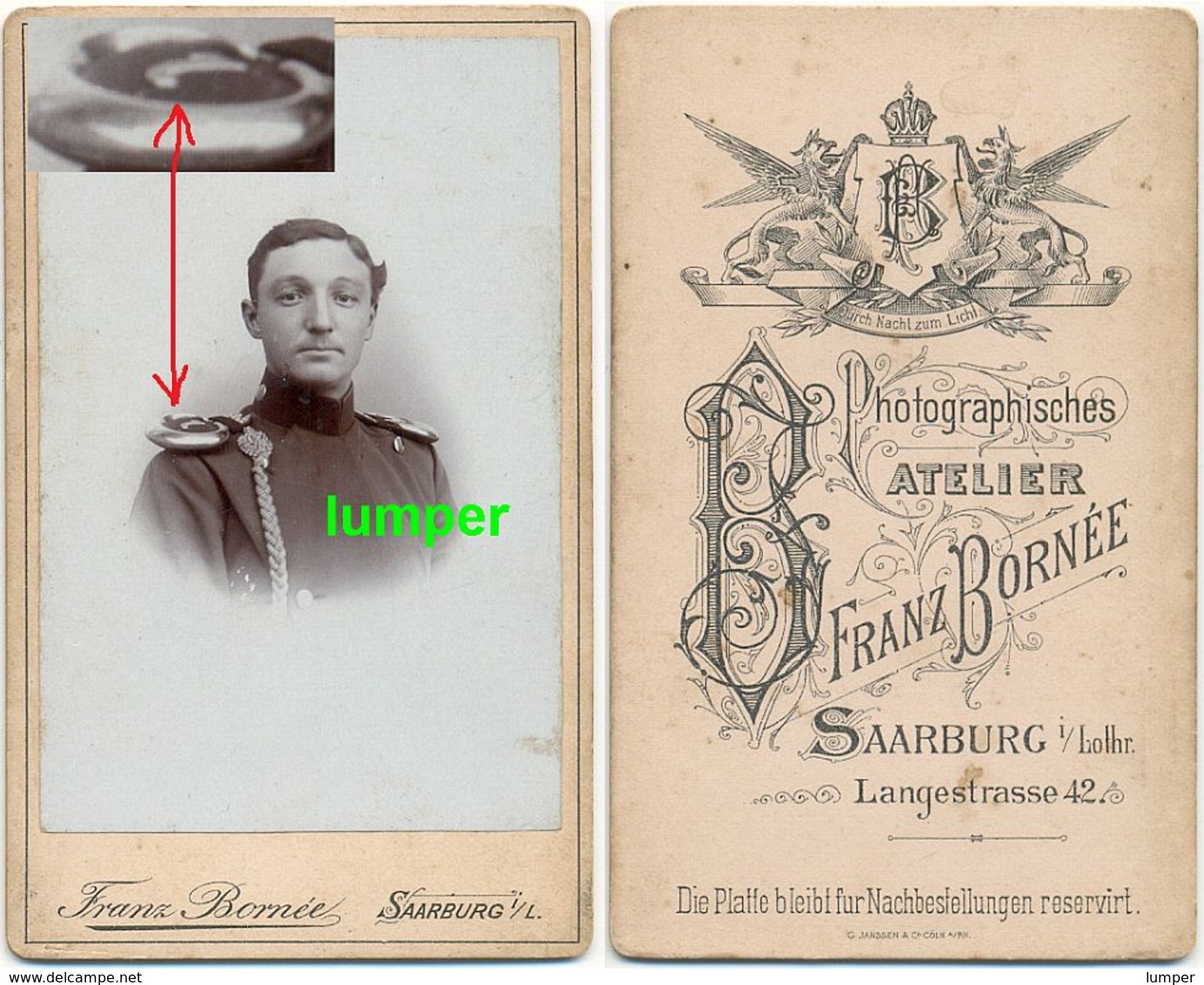 Hartpappefoto CDV, Ulan Epaulette, Regiment 7 Saarburg - Sarrebourg Lothringen - Guerre, Militaire