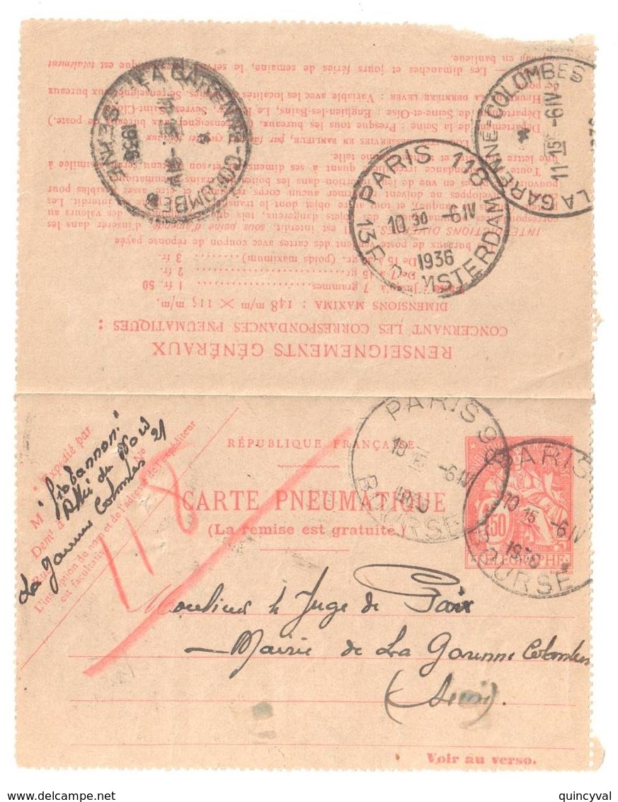 PARIS 98 Bourse Pneumatique Dest La Garenne Colombes Ob 6 4 1936 Carte Lettre 1,50 F Chaplain Yv 2605 Storch O2 - Pneumatiques