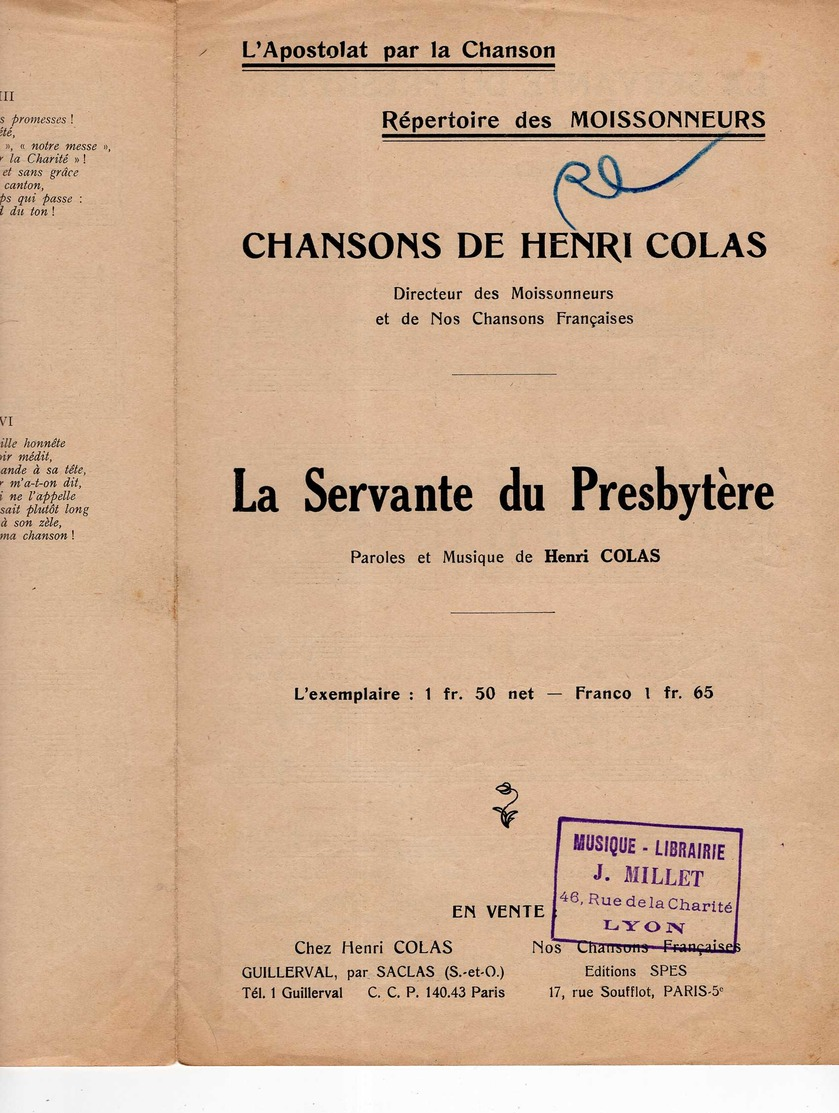 CAF CONC POPULAIRE CHANSONNIER PARTITION SERVANTE DU PRESBYTÈRE MOISSONNEURS HENRI COLAS 1923 GUILLERVAL SACLAS - Autres & Non Classés