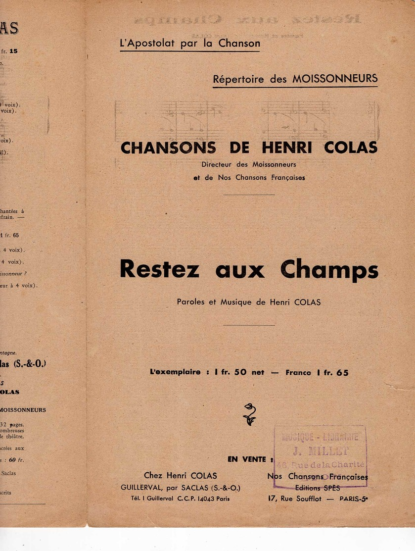 CAF CONC POPULAIRE CHANSONNIER PARTITION RESTEZ AUX CHAMPS MOISSONNEURS HENRI COLAS 1923 GUILLERVAL SACLAS - Autres & Non Classés