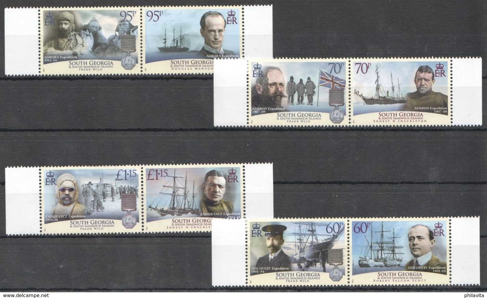 2011 South Georgia -South Pole Expedition With Frank Wild Set Of 4 Strips MNH** MiNr. 542 - 549 (kk) Ships, Polar, Flag - Südgeorgien