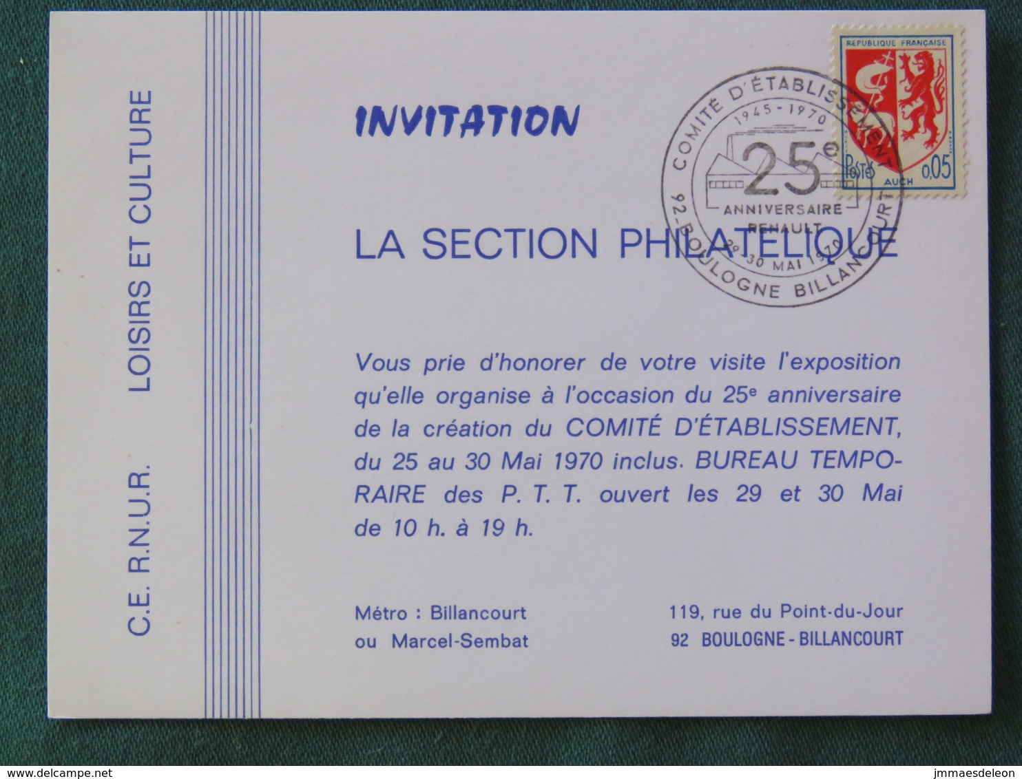 Francia 1970 Special Cancel Renault Postcard "Auch Arms" Boulogne Billancourt - Covers & Documents