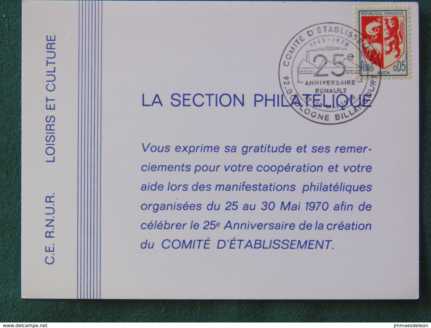 Francia 1970 Special Cancel Renault Postcard "Auch Arms" Boulogne Billancourt - Covers & Documents