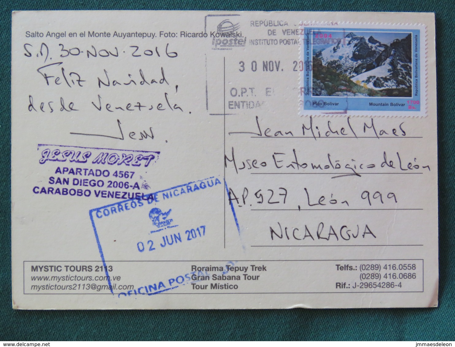 Venezuela 2016 Postcard "Salto Angel Waterfall" To Nicaragua - Bolivar Mountains - Venezuela