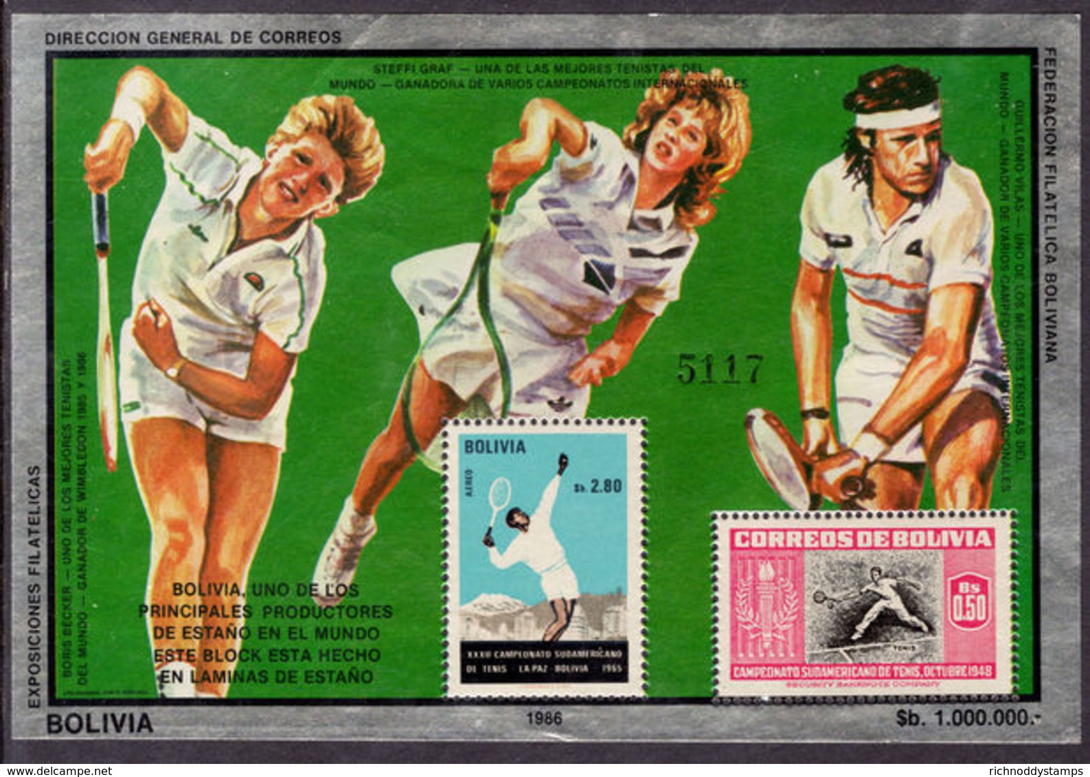 Bolivia 1986 Tennis Souvenir Sheet Unmounted Mint. - Bolivia