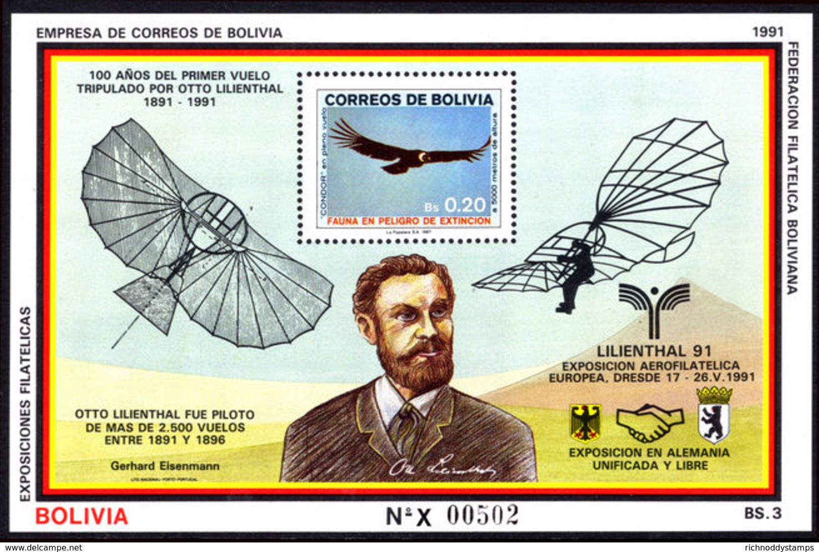 Bolivia 1991 Otto Lilenthal Souvenir Sheet Unmounted Mint. - Bolivië