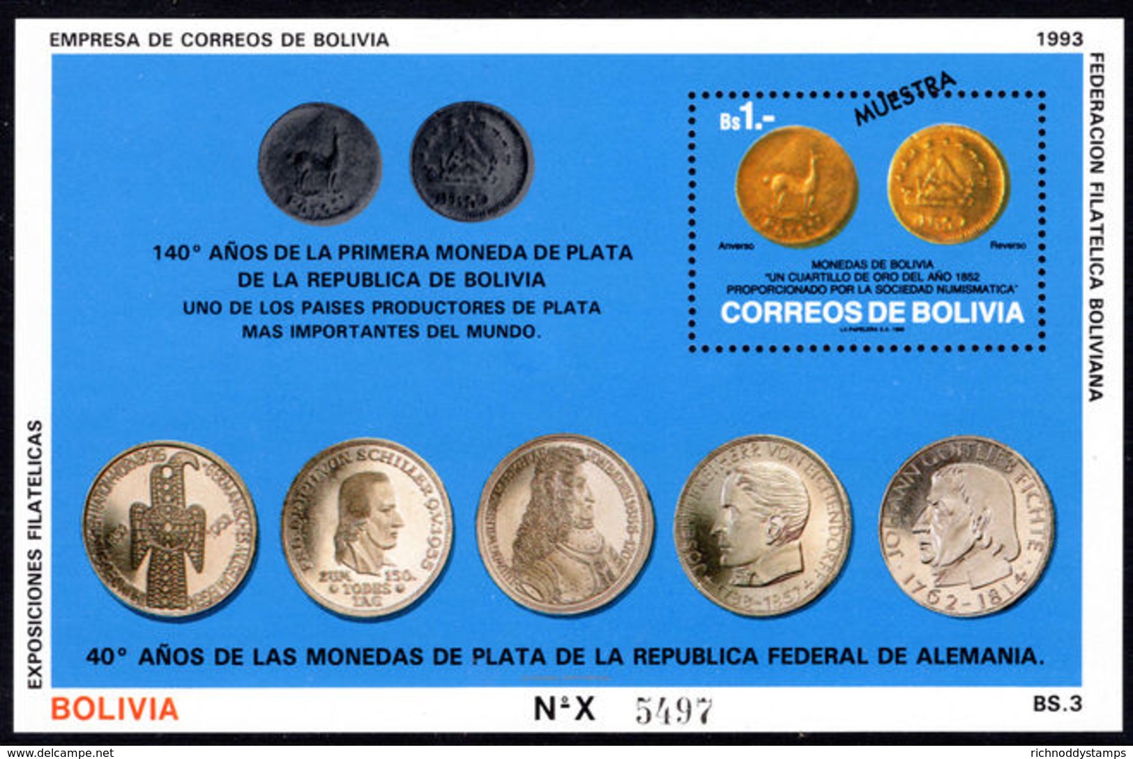 Bolivia 1993 Coins MUESTRA Souvenir Sheet Unmounted Mint. - Bolivia