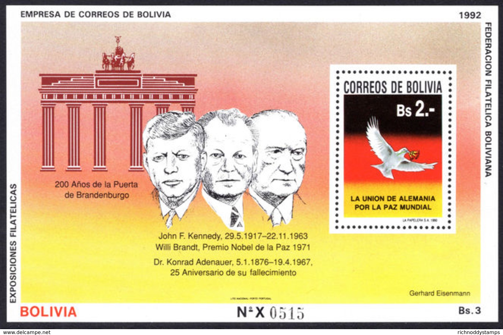 Bolivia 1992 Brandenburg Gate Souvenir Sheet Unmounted Mint. - Bolivia