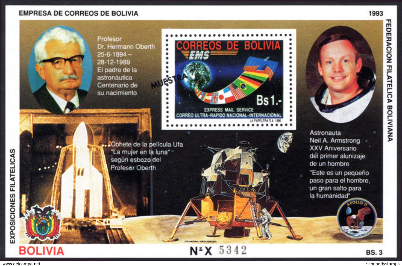 Bolivia 1993 Hermann Oberth MUESTRA Souvenir Sheet Unmounted Mint. - Bolivia