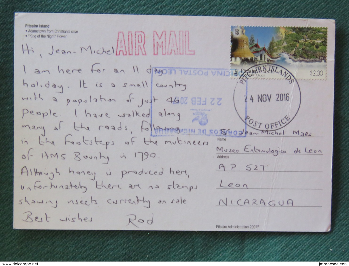 Pitcairn Island 2016 Postcard "Adamstown - Coast" To Nicaragua - Bell - Autres & Non Classés