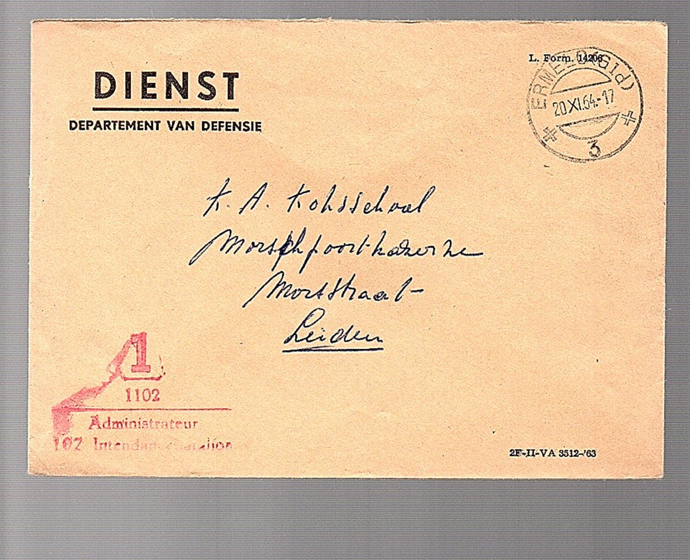 1964 Militair ERMELO Intendang…> Kopsadministrateur Koksschool Morschpoortkazerne Leiden (EY-55) - Lettres & Documents