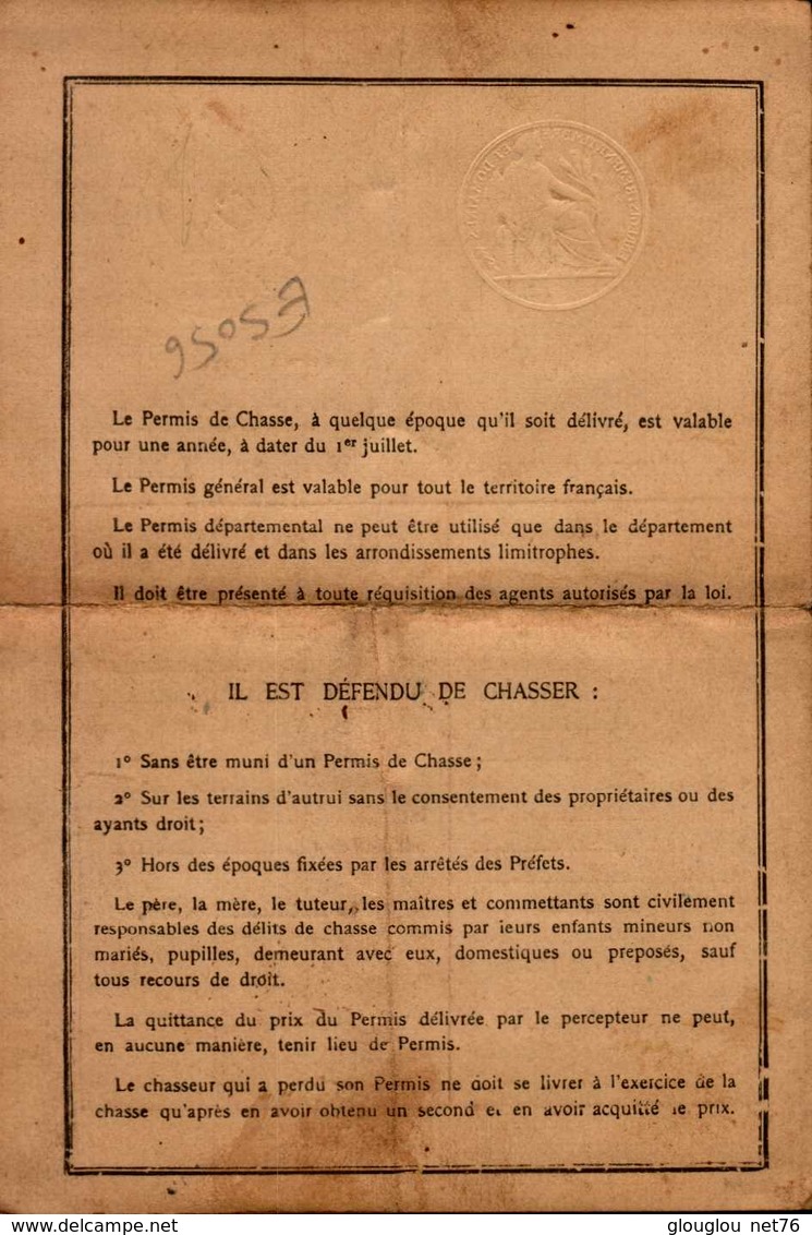 REPUBLIQUE FRANCAISE MINISTERE DE L'AGRICULTURE  DEPT.EURE  PERMIS DE CHASSE  1925 - Autres & Non Classés