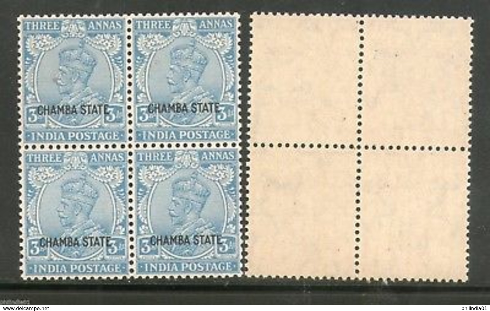 India CHAMBA State 3As KG V Postage Stamp SG 70 / Sc 54 BLK/4 MNH - Chamba