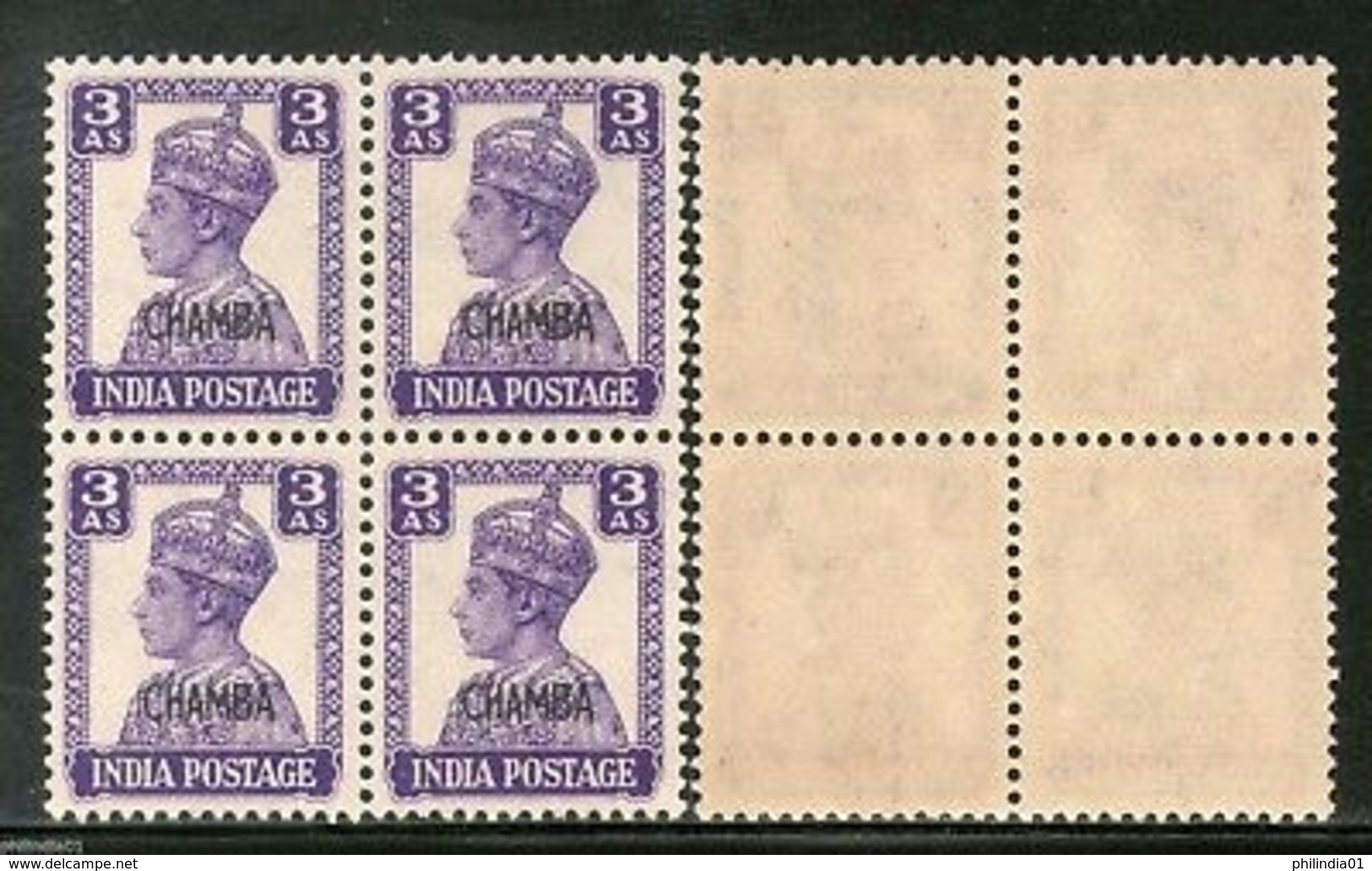 India CHAMBA State 3As Postage LITHOGRAPH KG VI SG 114 / Sc 95 BLK/4 Cat�108 MNH - Chamba