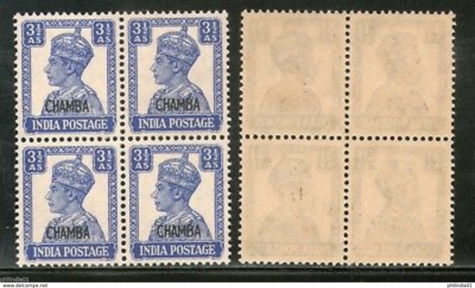 India CHAMBA State 3�As KG VI Postage Stamp SG 115 / Sc 96 BLK/4 Cat. �56 MNH - Chamba
