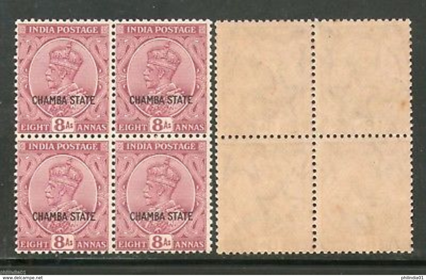 India CHAMBA State 8As Postage Stamp KG V SG 73 / Sc 57 BLK/4 Cat �12 MNH - Chamba