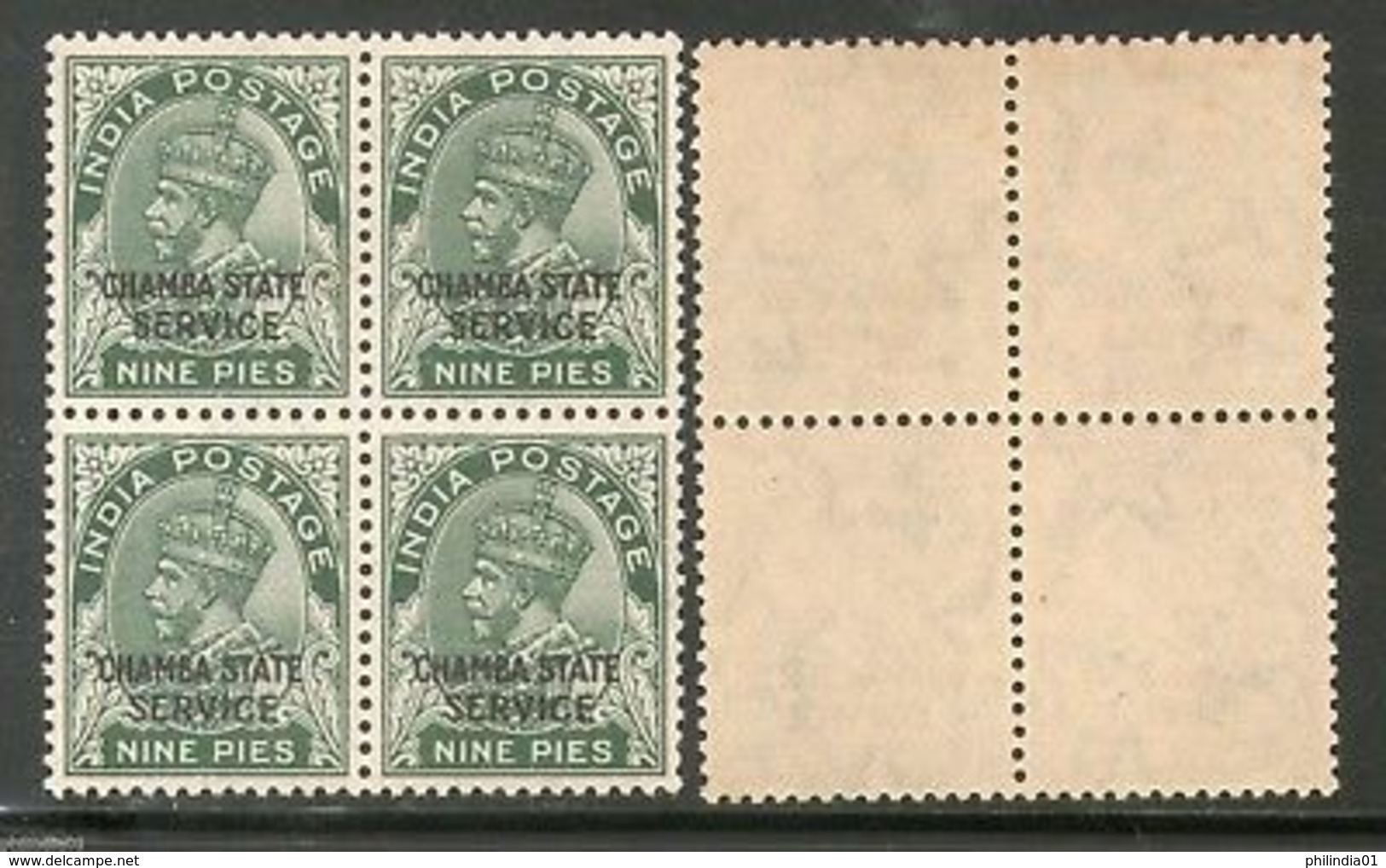 India Chamba State KG V 9ps SERVICE Stamp SG O50 / Sc O38 BLK/4 Cat �20 MNH - Chamba