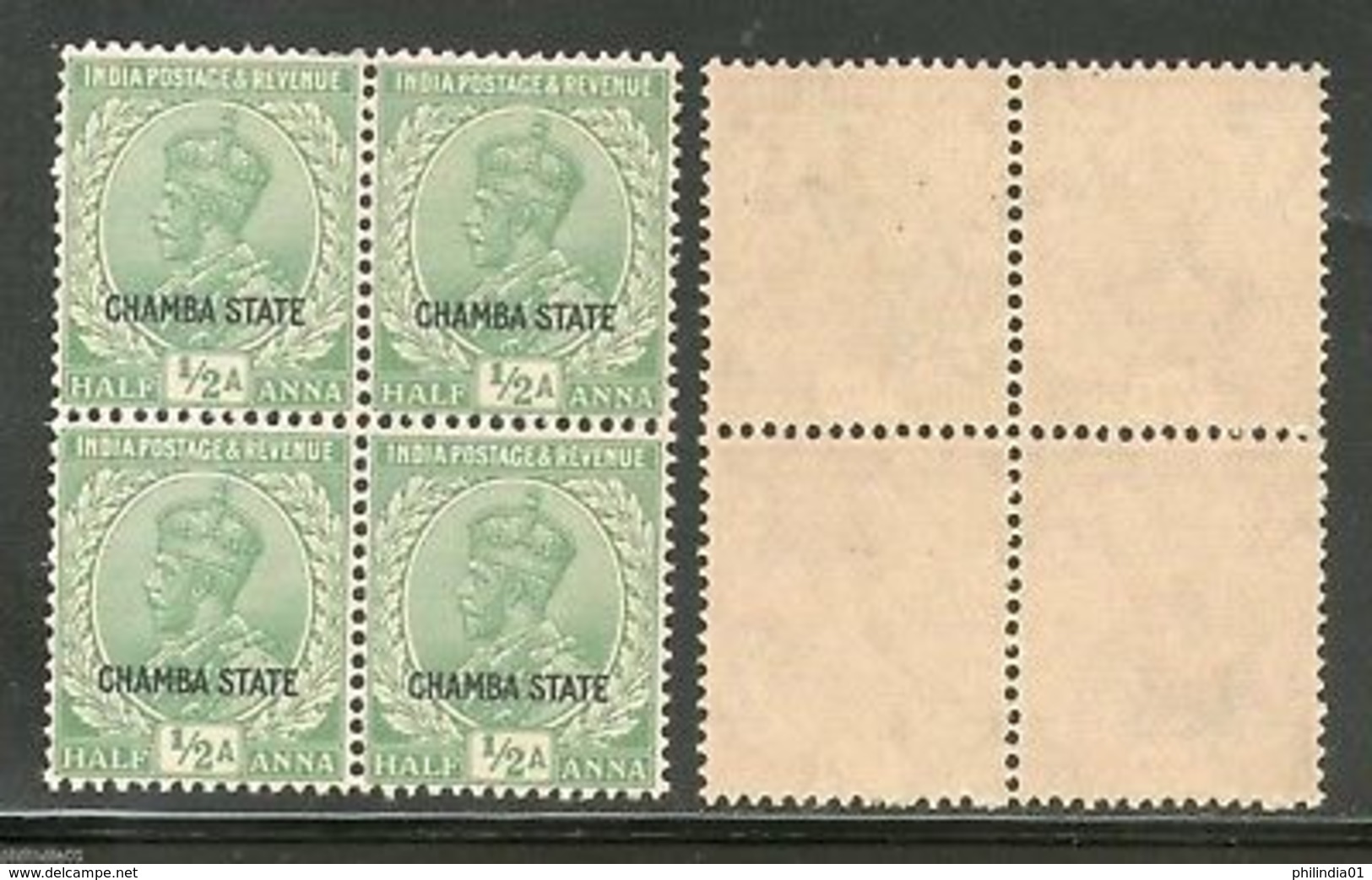 India CHAMBA State KG V �An Postage Stamp SG 63 / Sc 60 In BLK/4 MNH - Chamba