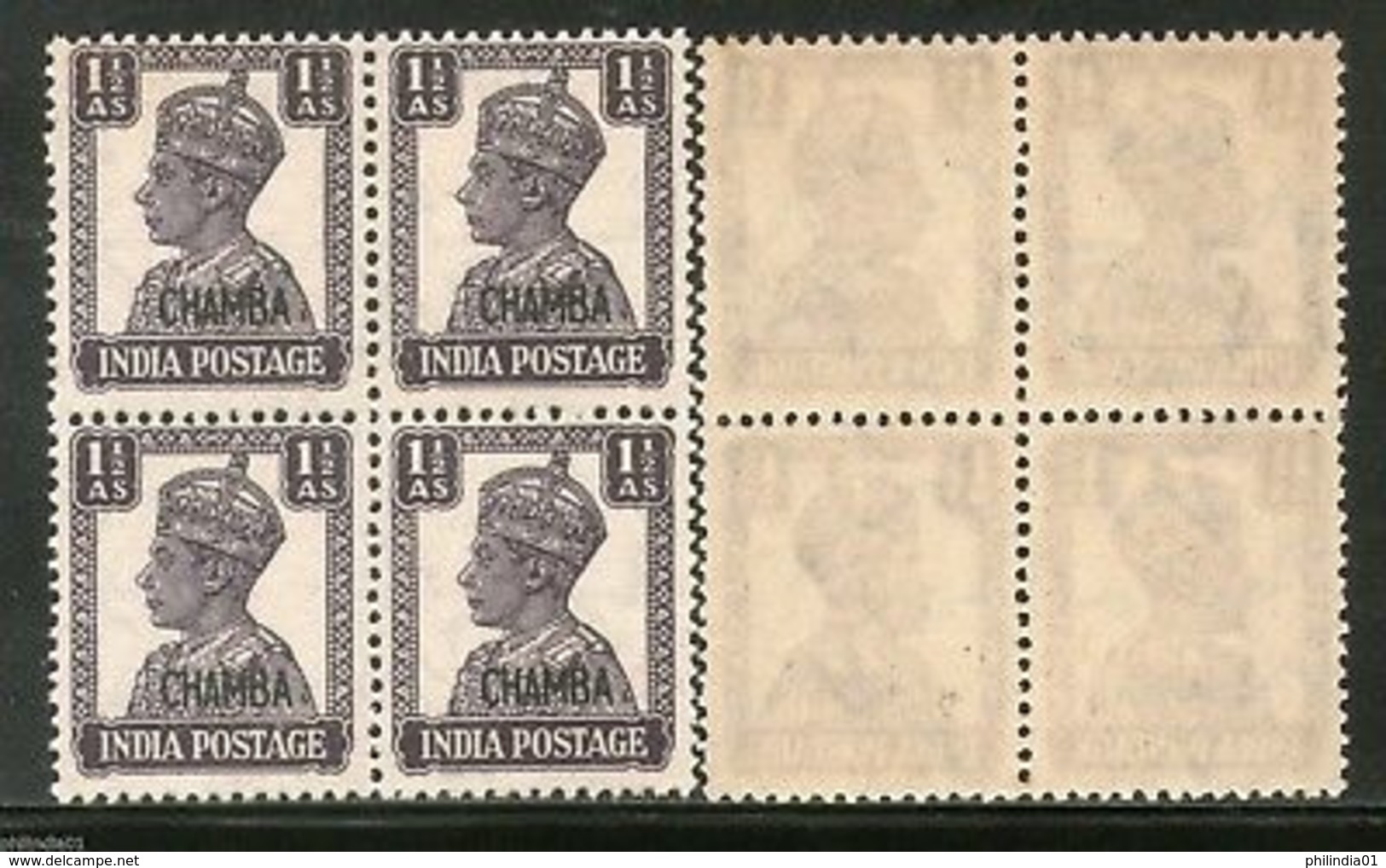 India CHAMBA State KG VI 1�An Postage Stamp SG 112 / Sc 93 Cat. �16 BLK/4 MNH - Chamba