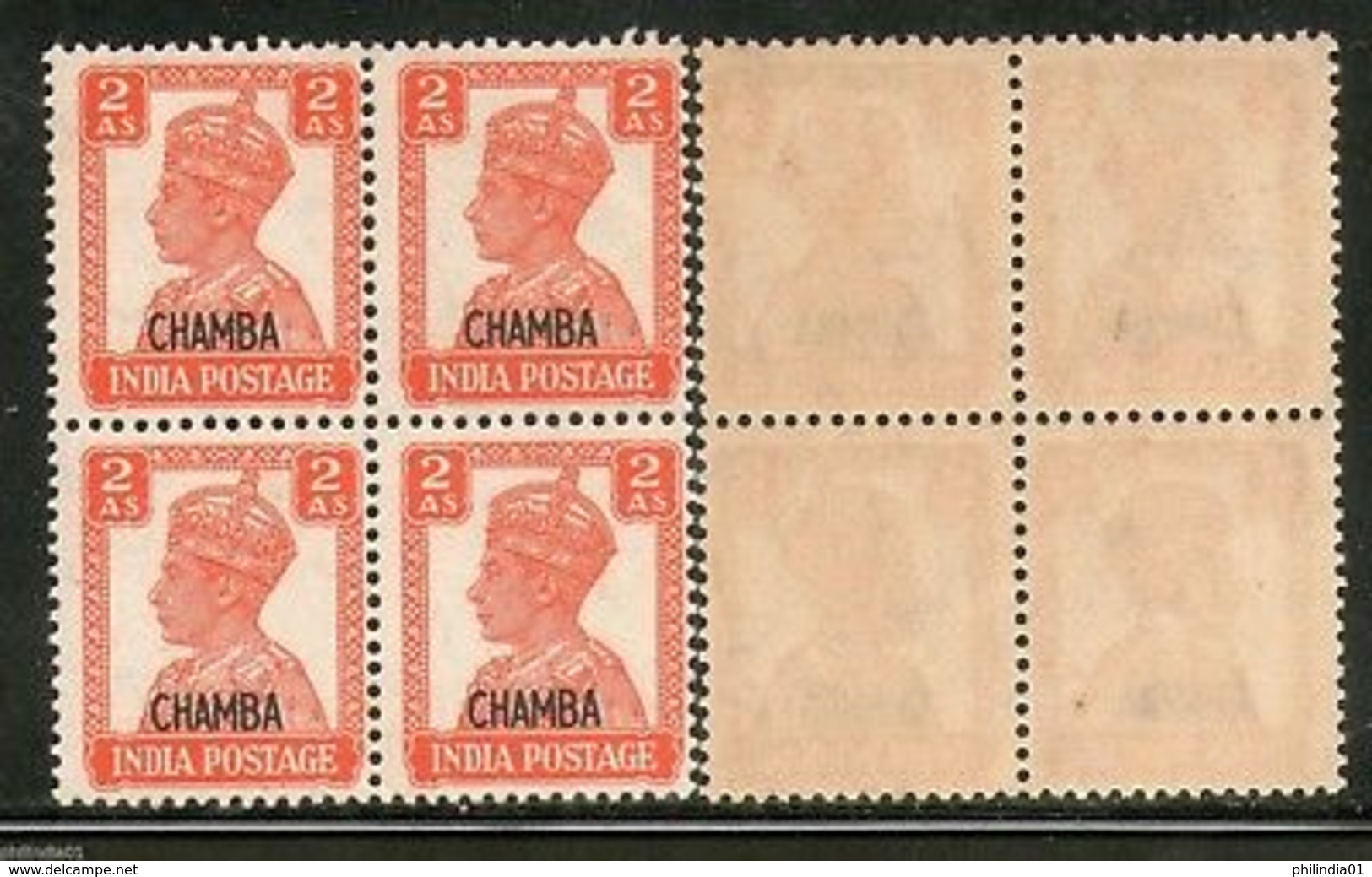 India CHAMBA State KG VI 2As Postage Stamp SG 113 / Sc 94 Cat �52 BLK/4 MNH - Chamba