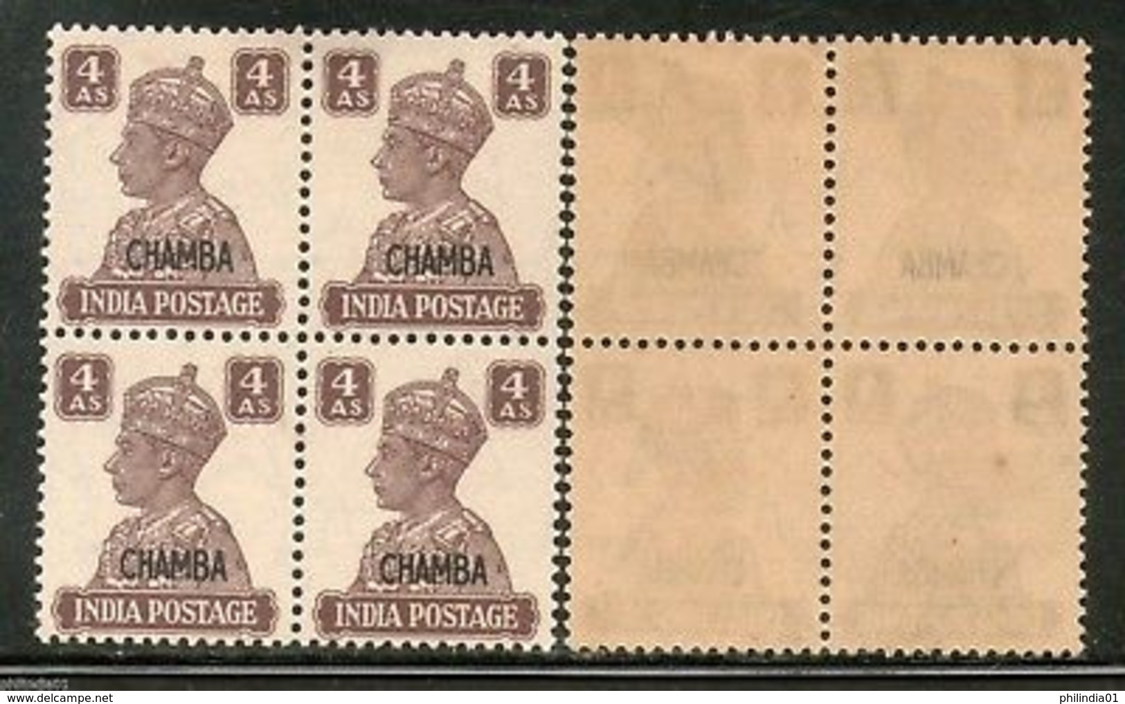 India CHAMBA State KG VI 4As Postage Stamp SG 116 / Sc 97 BLK/4 Cat �80 MNH - Chamba