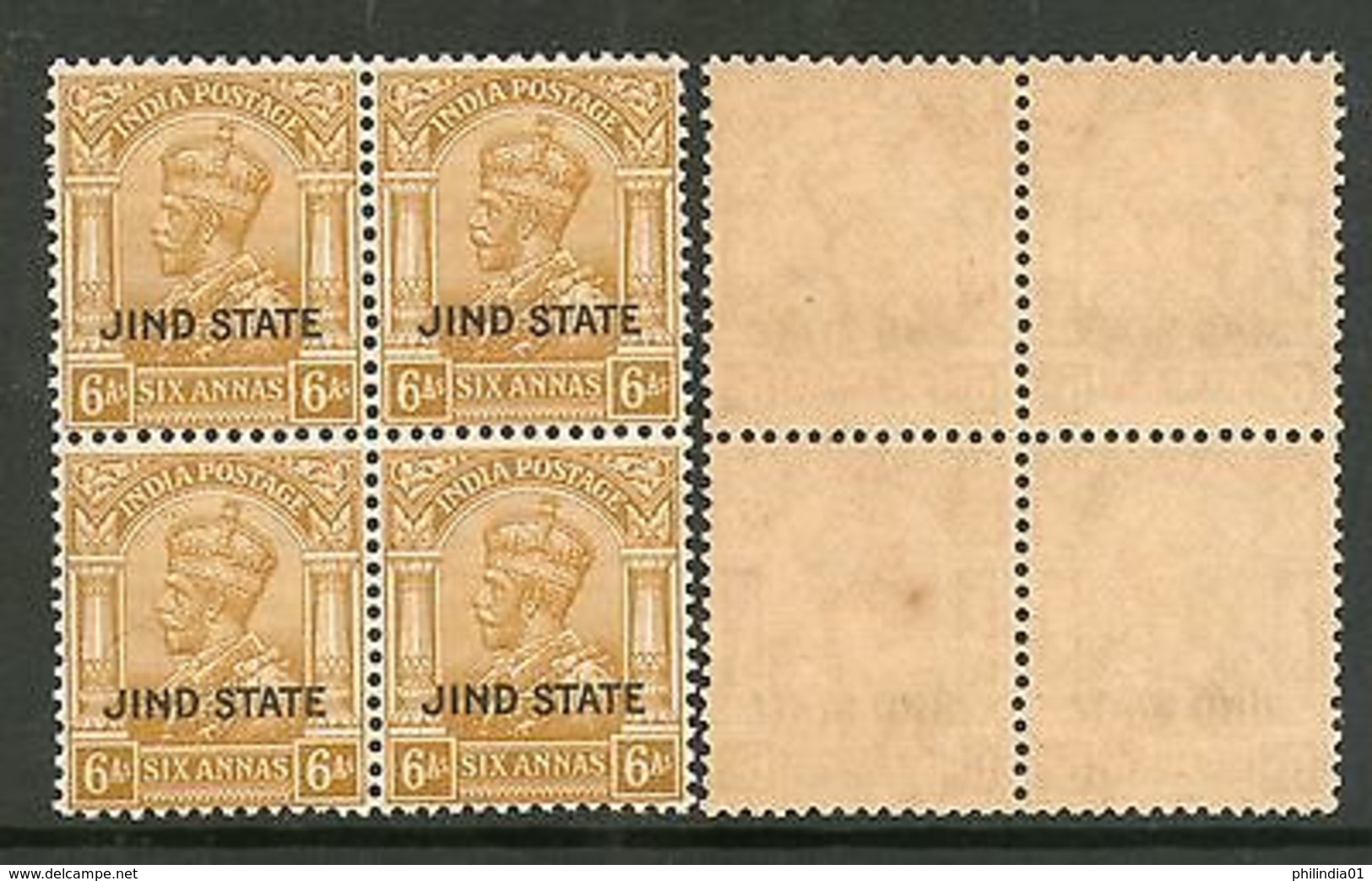 India Convention State JIND / JHIND KG V 6 As Postage SG 95 / Sc 132 BLK/4 MNH - Jhind