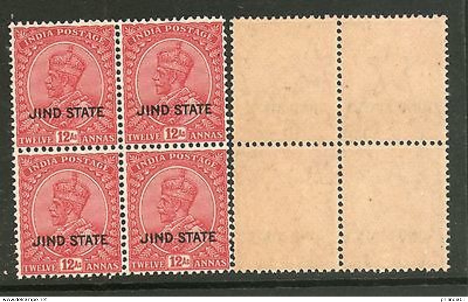 India JIND KG V 12As SG 97 / Sc 119 BLK/4 Cat �80 MNH - Jhind